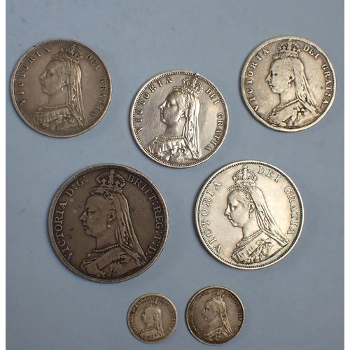 218 - A quantity of Victoria jubilee bust coinage including: threepence 1890, sixpence 1891, halfcrowns 18... 