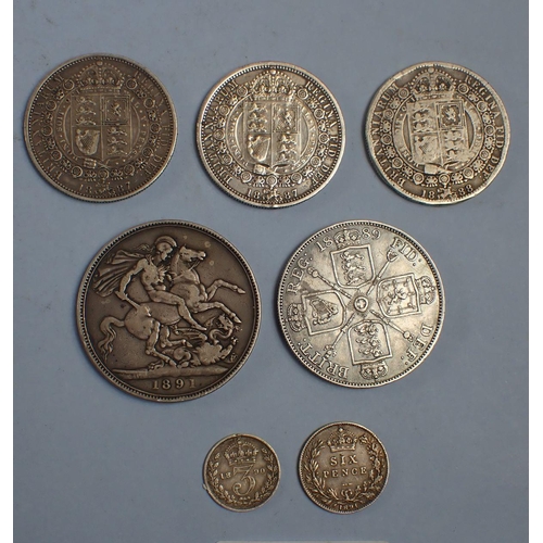 218 - A quantity of Victoria jubilee bust coinage including: threepence 1890, sixpence 1891, halfcrowns 18... 