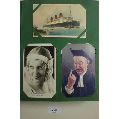 220 - Postcards: Album with topography, comic, stage and screen celebrities including RP Jeanette McDonald... 