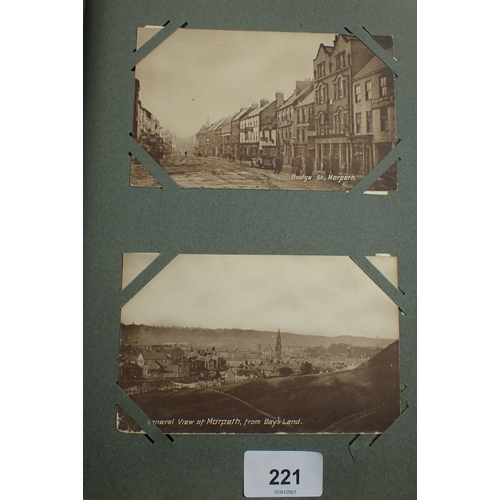 221 - Postcards: album with mix of topography including Bridge St, Morpeth, comic including Dudley Hardy, ... 