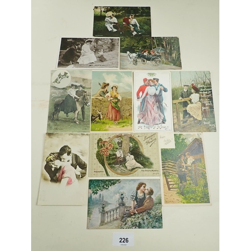 226 - Postcards: Romance, assortment including sentimental, some song cards etc (65)