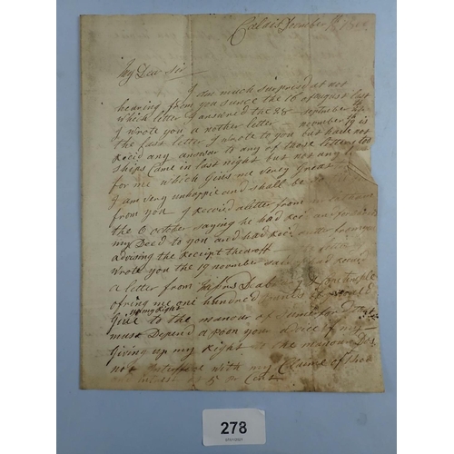 278 - A letter dated 1800 hand written from Calais by Lady Strachan