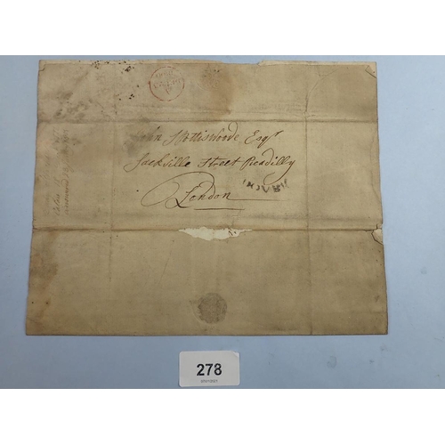 278 - A letter dated 1800 hand written from Calais by Lady Strachan