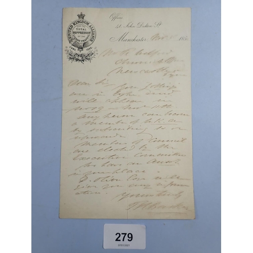 279 - A hand written letter from Mr. J. H. Barton, founder of United Kingdom alliance for the total suppre... 