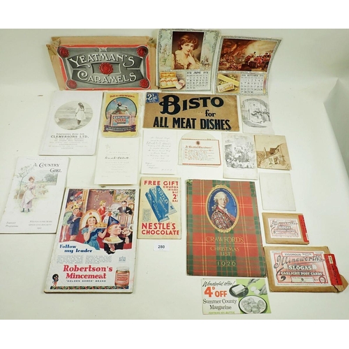 280 - A collection of advertising ephemera to include Sunlight Soap, Bisto, Robertsons Mincemeat, Crawford... 