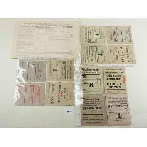 285 - Railway Wagon National Coal Board tickets for Welsh Coalfields and other railway related items.