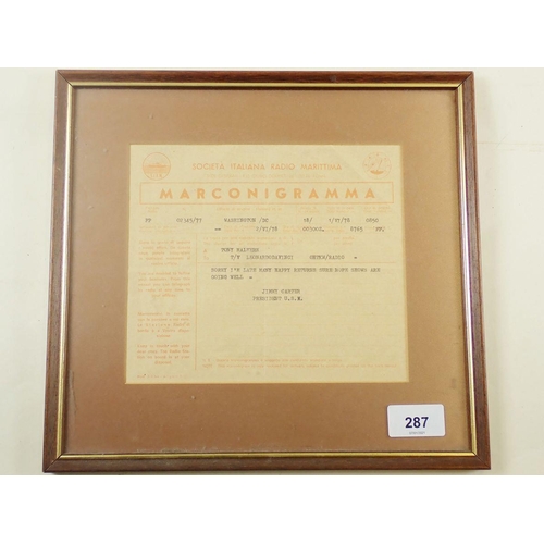 287 - A framed telegram sent by Jimmy Carter on the 1st June 1978 whilst he was president of the United St... 