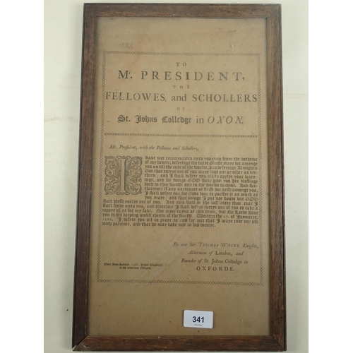 341 - An 18th/19thC  framed letter of an earlier example to the teachers and students of St. Johns college... 