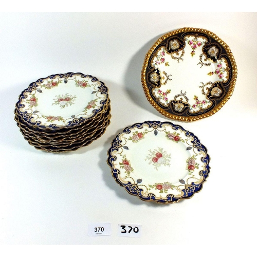 370 - A set of ten Paragon floral dessert plates with navy and gilt borders and a similar Wedgwood comport