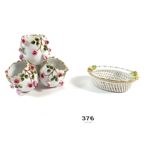 376 - A Herend floral porcelain basket and a miniature floral egg form vase