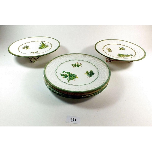 381 - A Victorian dessert service comprising four plates and two comports printed ferns