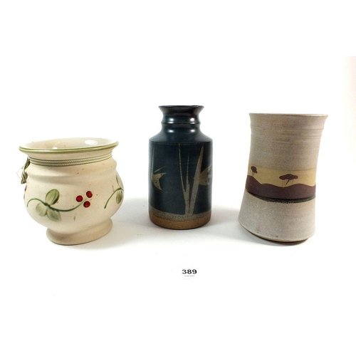 389 - A Swedish studio pottery vase, a Finnish Studio pottery vase and a Welsh one, tallest 17cm tall