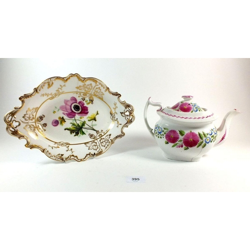 395 - An early 19th Staffordshire teapot painted pink and blue flowers a/f and an oval dish painted anemon... 