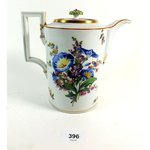 396 - A Meissen coffee pot with painted floral spray, repaired to handle,  crossed swords mark to base