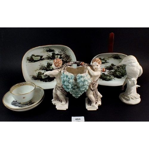 404 - A porcelain white bisque Kingfisher, 16.5cm plus two Copenhagen dishes decorated ducks, Wedgwood put... 