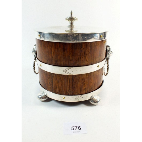 576 - An Edwardian silver plated and oak biscuit barrel