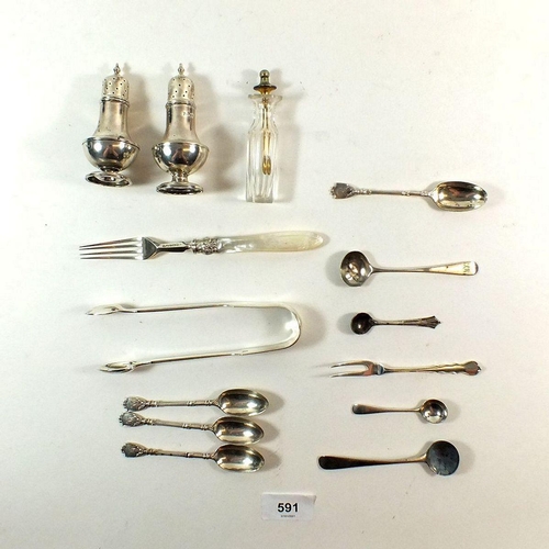 591 - Various silver cruet spoons, two pepper pots, sugar tongs, and a cut glass snuff bottle, weighable s... 