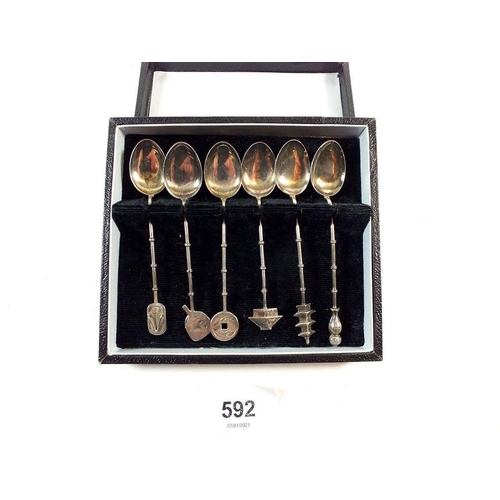 592 - A set of six Asian 950 silver coffee spoons with motif terminals