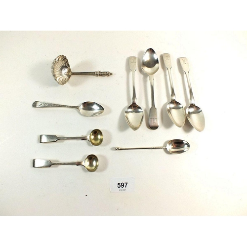 597 - A group of silver cutlery including sifter spoon 135g and a pair of silver plated Ellingtons salt sp... 