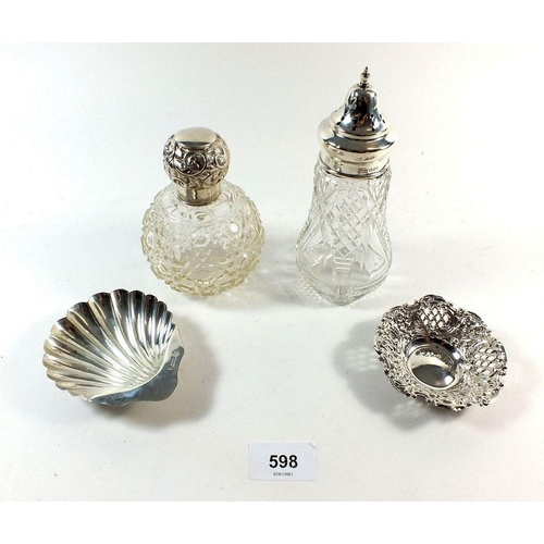 598 - A cut glass and silver sugar castor, a similar scent bottle and two pin dishes