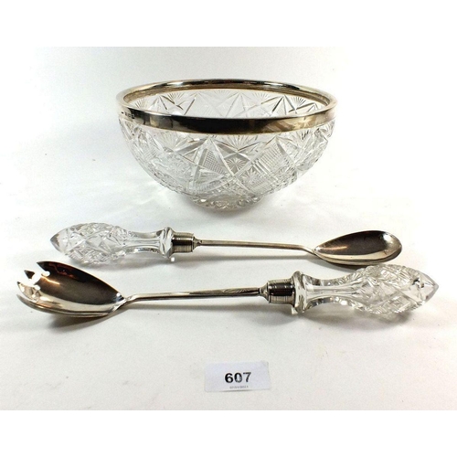 607 - An Edwardian cut glass salad or fruit bowl with silver rim together with matching cut glass and silv... 