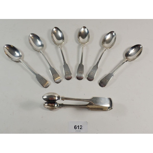 612 - A set of six silver teaspoons and tongs, Sheffield 1900 by John Round, 254g