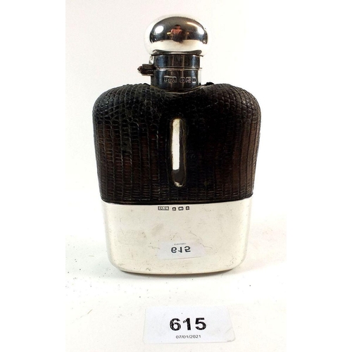 615 - A silver  and glass hip flask with leather or possible reptile skin covering, Birmingham 1910, maker... 