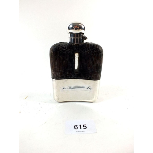 615 - A silver  and glass hip flask with leather or possible reptile skin covering, Birmingham 1910, maker... 