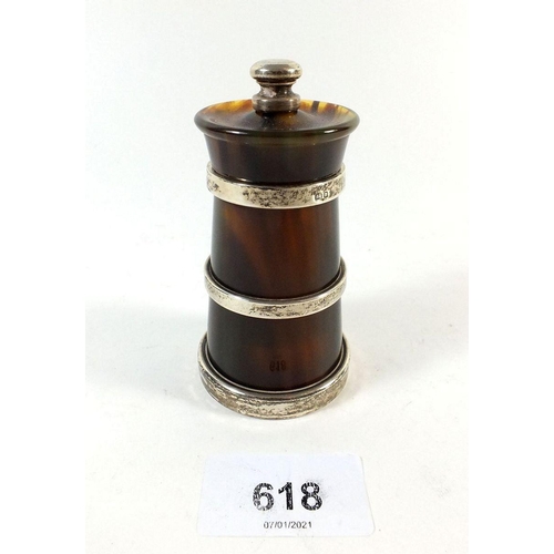 618 - A faux tortoiseshell pepperette with silver mounts, London 1997,   9.5cm tall