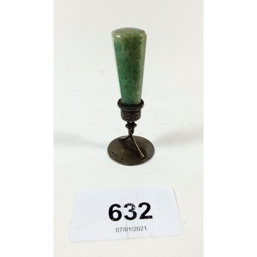 632 - A small German 800 silver implement with green stone handle, possibly a desk seal.  6cm.