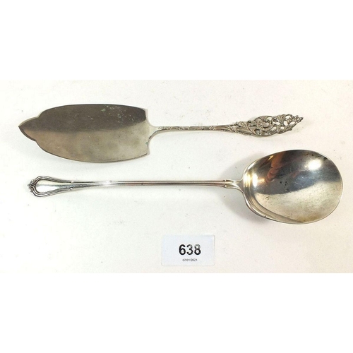 638 - A French silver fish slice with pierced handle and an American sterling silver serving spoon with Bi... 