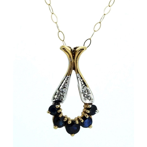 649 - A 9ct gold sapphire and chip diamond pendant and chain