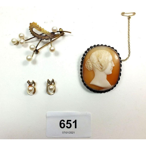 651 - A 14ct gold pearl set spray brooch and a pair of matching earrings plus a 19th century cameo brooch ... 