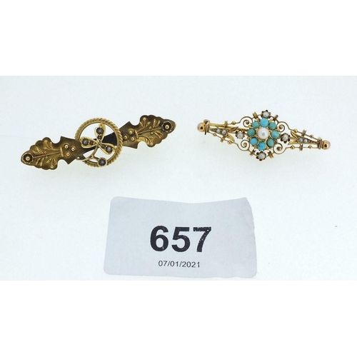 657 - A Victorian gold brooch set turquoise and seed pearls (unmarked) and a Victorian 9ct gold brooch set... 