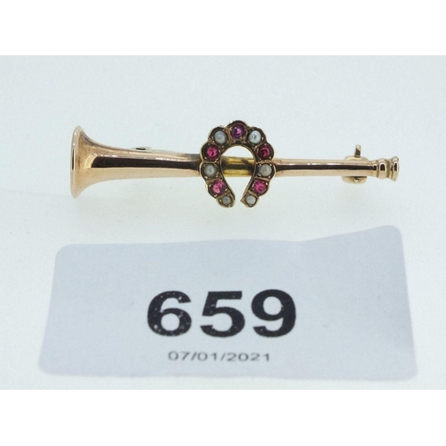 659 - An Edwardian 9ct rose gold trumpet form brooch set seed pearls and rubies, boxed