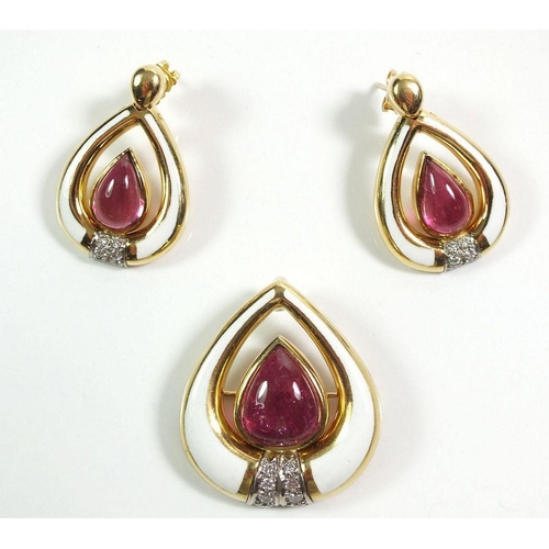 670 - A Gerald Benney 18ct gold pair of earrings and matching brooch, all set with pear form rubelite ston... 