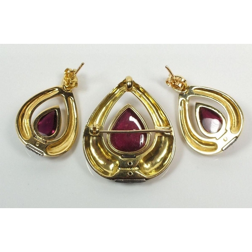 670 - A Gerald Benney 18ct gold pair of earrings and matching brooch, all set with pear form rubelite ston... 