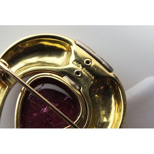 670 - A Gerald Benney 18ct gold pair of earrings and matching brooch, all set with pear form rubelite ston... 