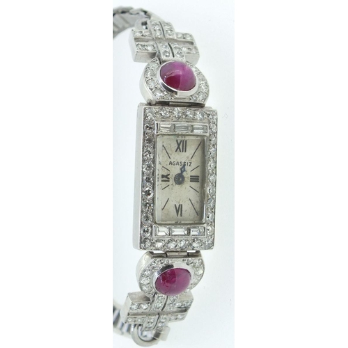 671 - An Agassiz platinum Art Deco ladies cocktail watch set diamonds and two cabochon cut rubies (strap s... 