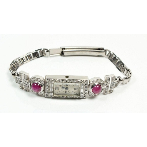 671 - An Agassiz platinum Art Deco ladies cocktail watch set diamonds and two cabochon cut rubies (strap s... 