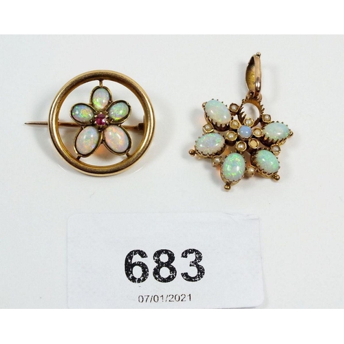 683 - A 15ct gold flower form brooch set opals and ruby - 2 cm diameter, 3.4g and a 9ct gold opal and seed... 