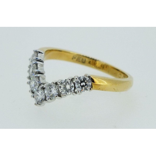 726 - An 18 ct gold diamond wishbone ring set five diamonds (total 1 ct), size Q to R