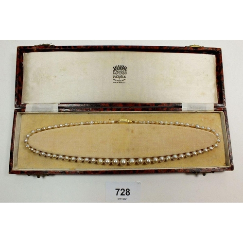 728 - A graduated vintage cultured pearl necklace with 9ct gold clasp, cased