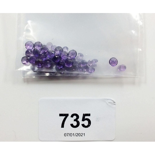 735 - A parcel of calibrated round amethysts, total 15.25cts, (3mm, 3.5mm, 4mm)