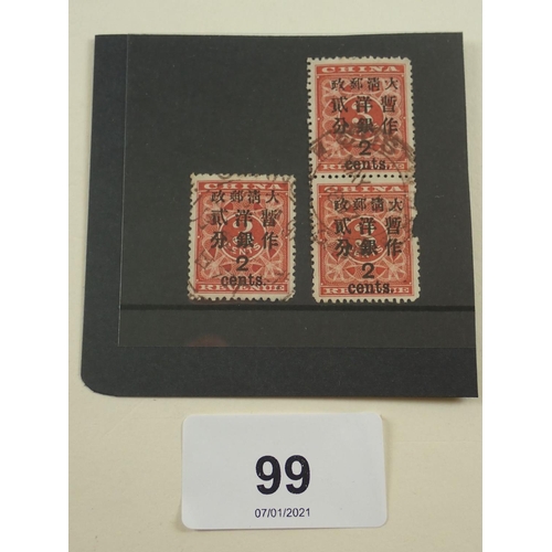 99 - Stamps of Imperial China: 1892 Revenue overprint 2c on 3c deep red, used single and vertical-pair, S... 