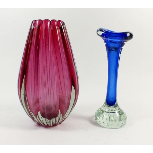 101 - A cranberry Sommerso ribbed glass vase  together with a blue glass bud vase