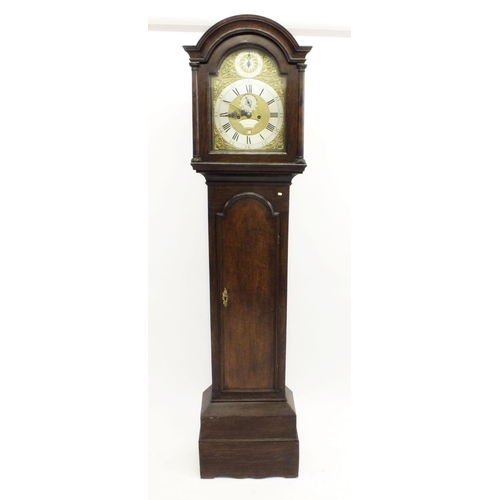 1218 - An oak cased long case clock with eight day striking movement and brass face, signed David Rivers, L... 