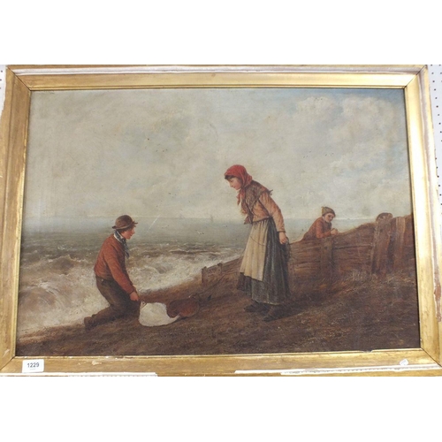 1229 - Alfred H Green - oil on canvas children on the beach with fish 