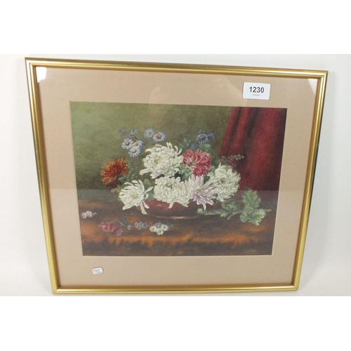 1230 - William Rickets (ex Royal Worcester artist) watercolour asters and chrysanthemums in a bowl, 22 x 30... 