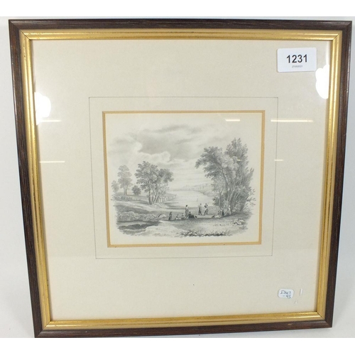 1231 - A mid 19th century pencil drawing of figures in a pastoral river landscape, 12 x 15cm